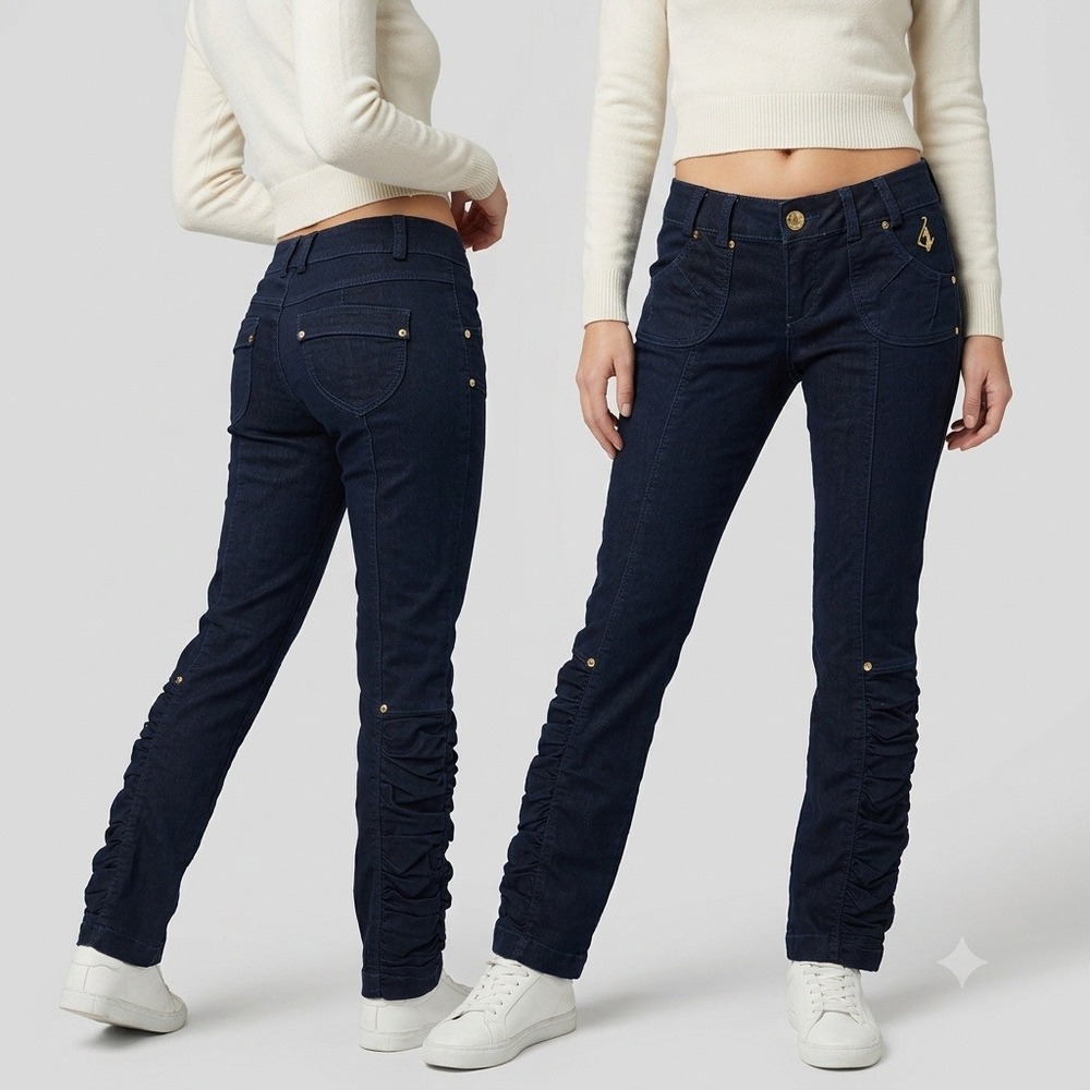 Baby Phat Jeans Women Size 7 Dark Wash Navy Ruched Leg Gold Logo Y2K Streetwear